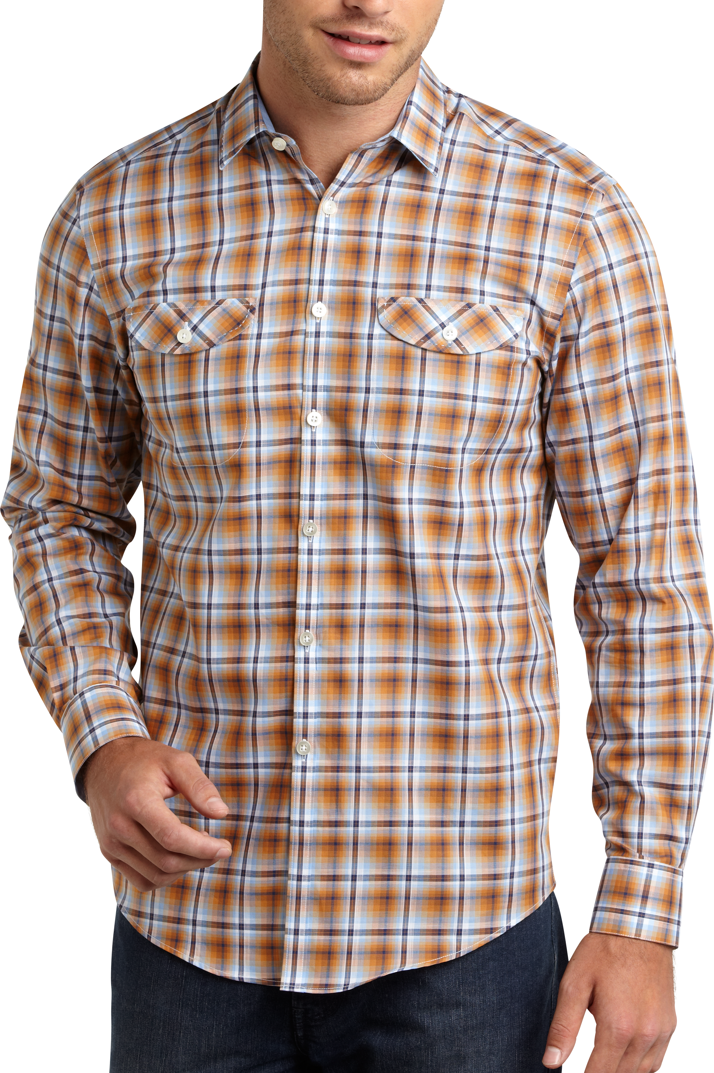 Pronto Blue Sport Shirt, Orange Multiplaid