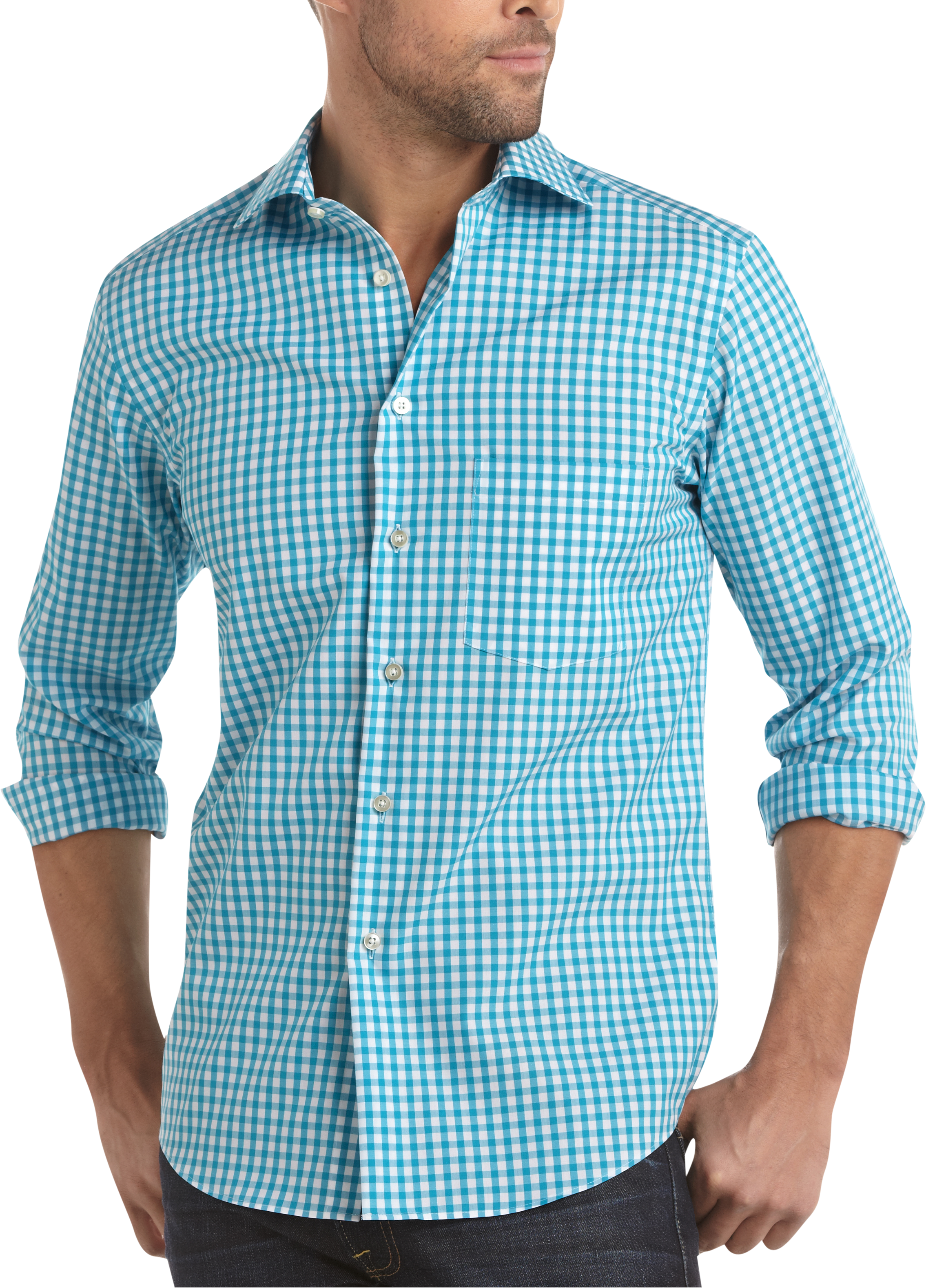 Egara Teal and White Gingham Modern Fit Sport Shirt