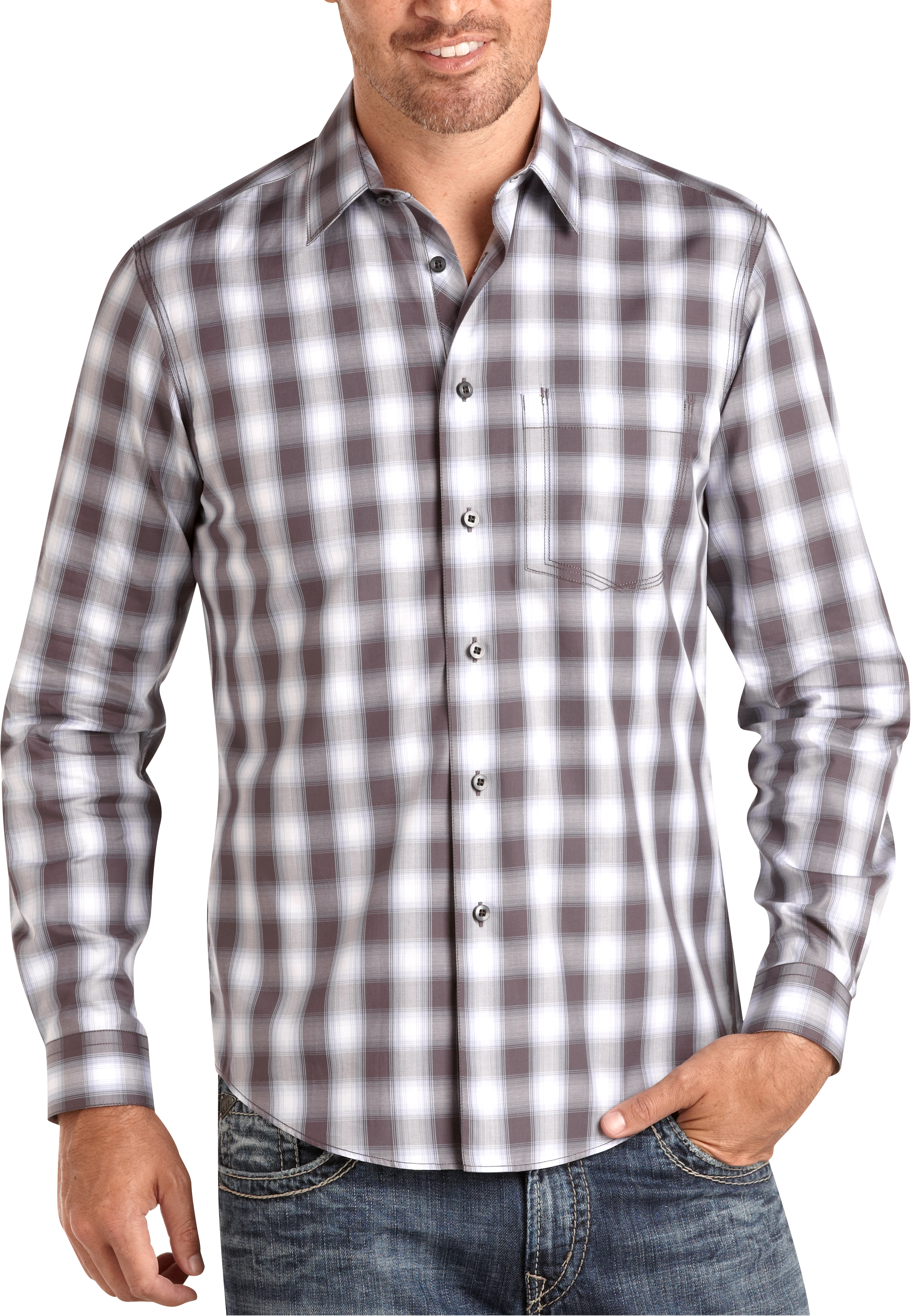 Egara Gray and Brown Plaid Slim Fit Sport Shirt
