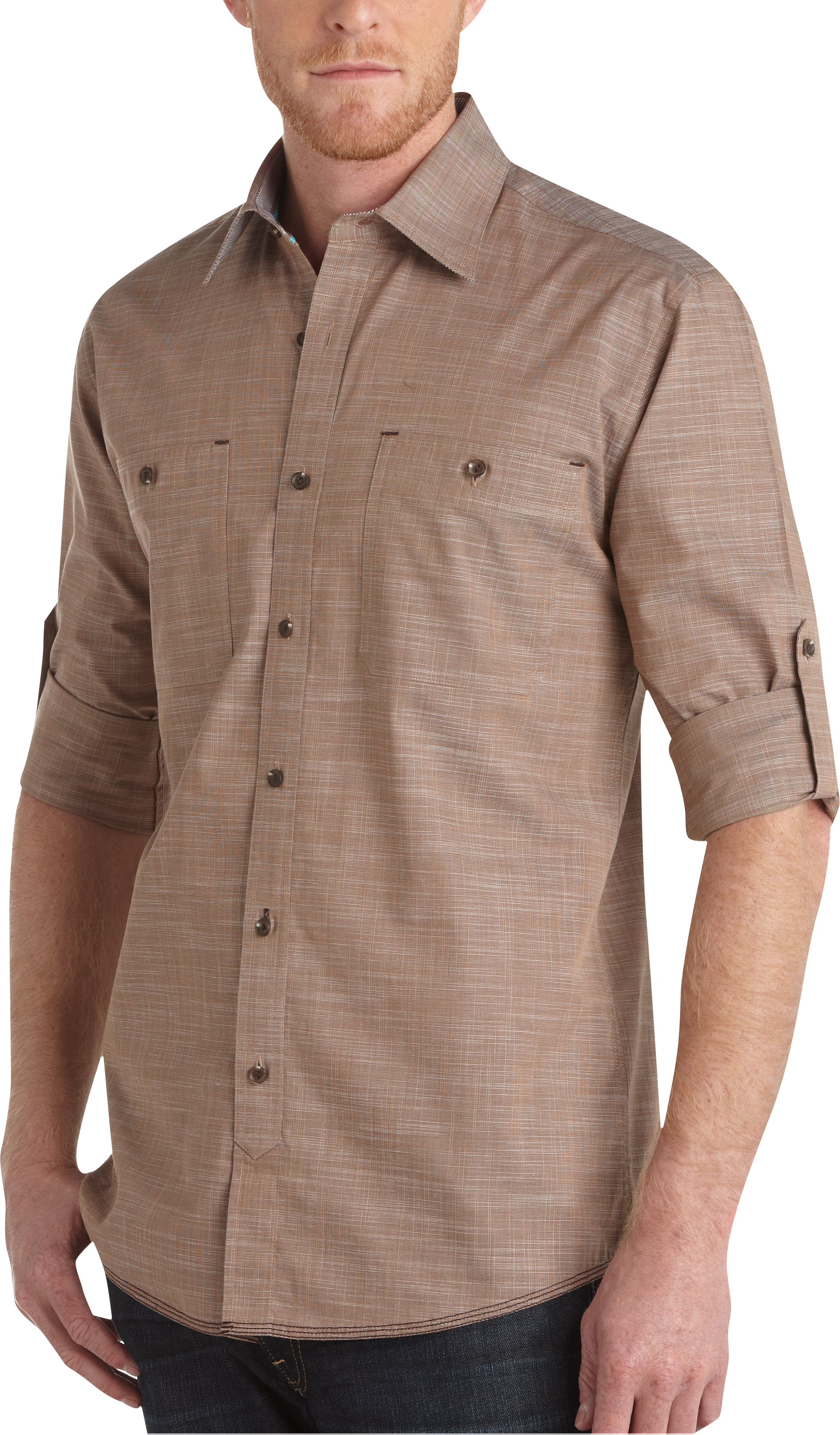 Pronto Blue Woven Sport Shirt, Tan