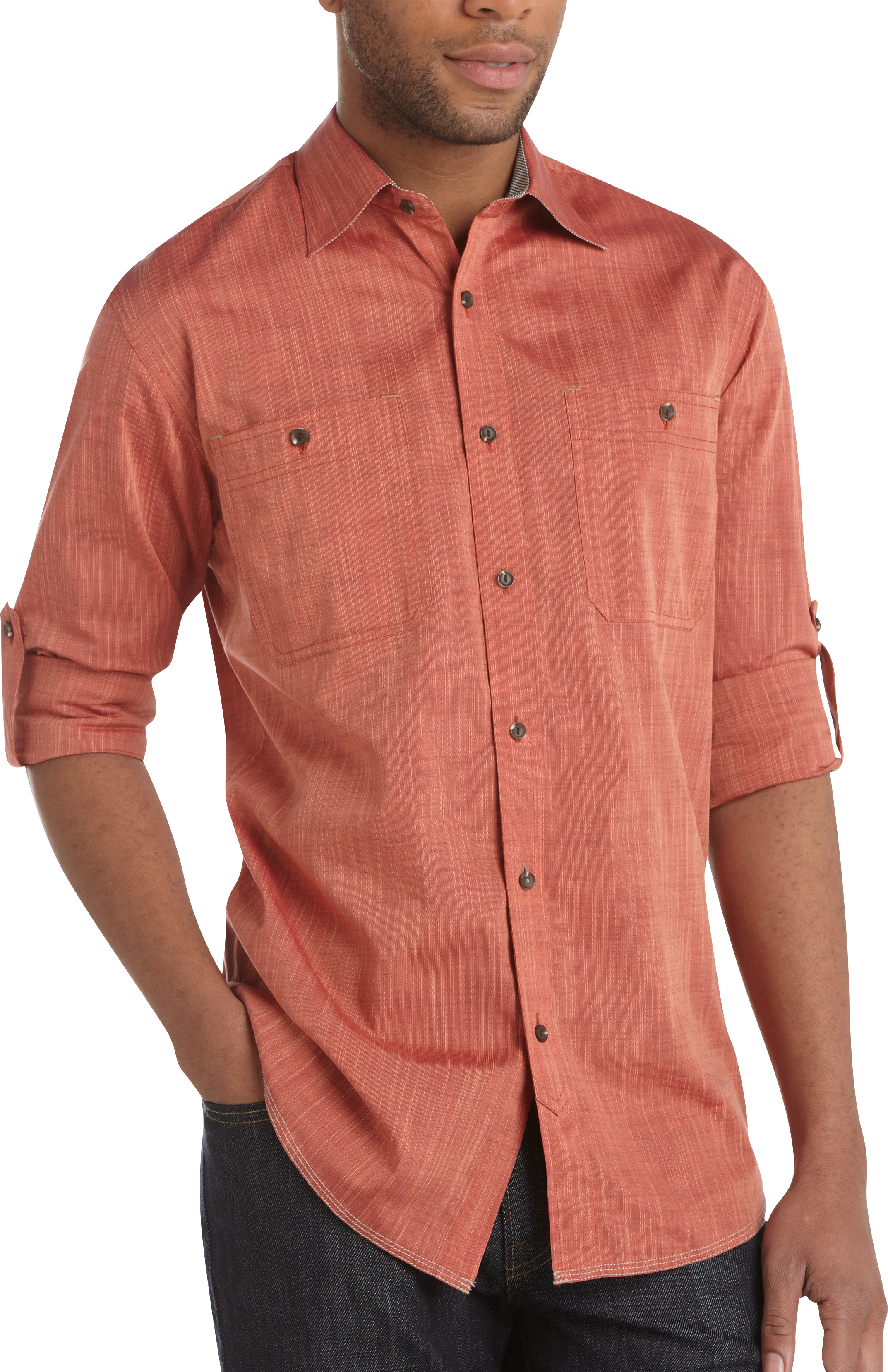 Pronto Blue Woven Sport Shirt, Coral