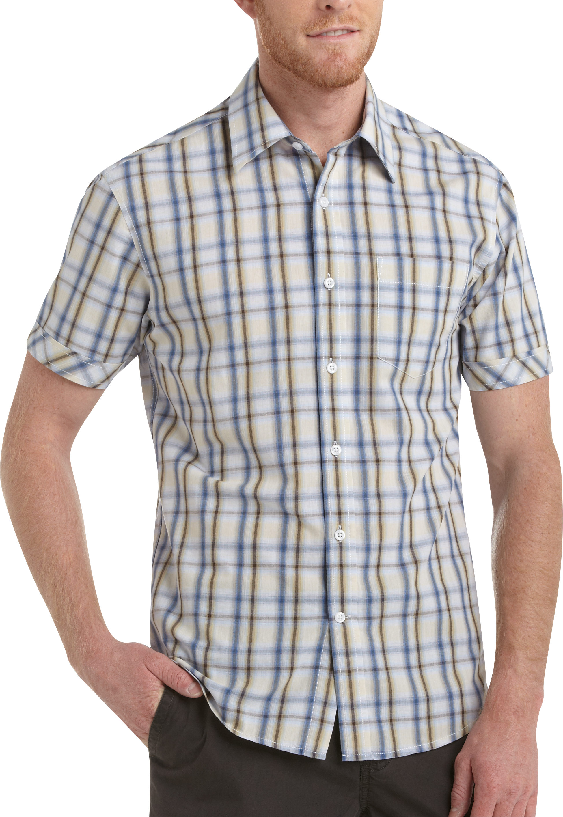 Pronto Blue Sport Shirt, Blue and Tan Plaid