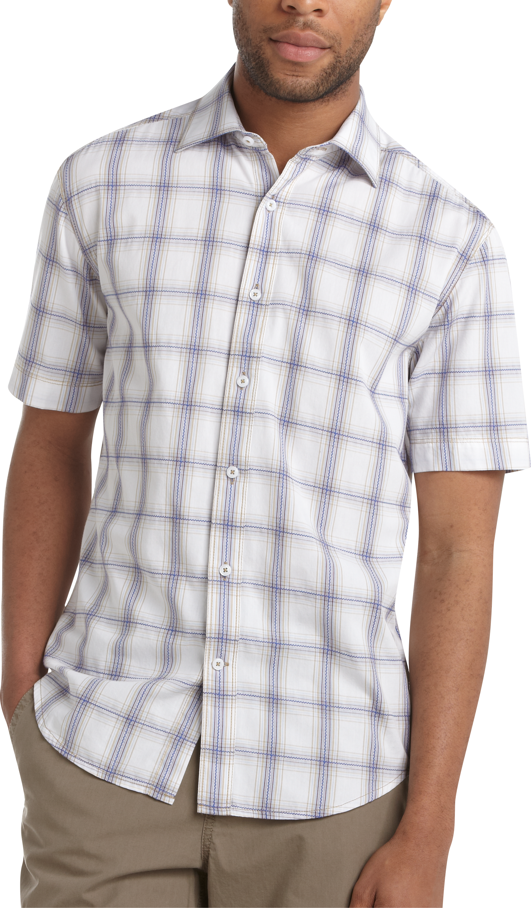 Pronto Blue Sport Shirt, White and Navy Plaid