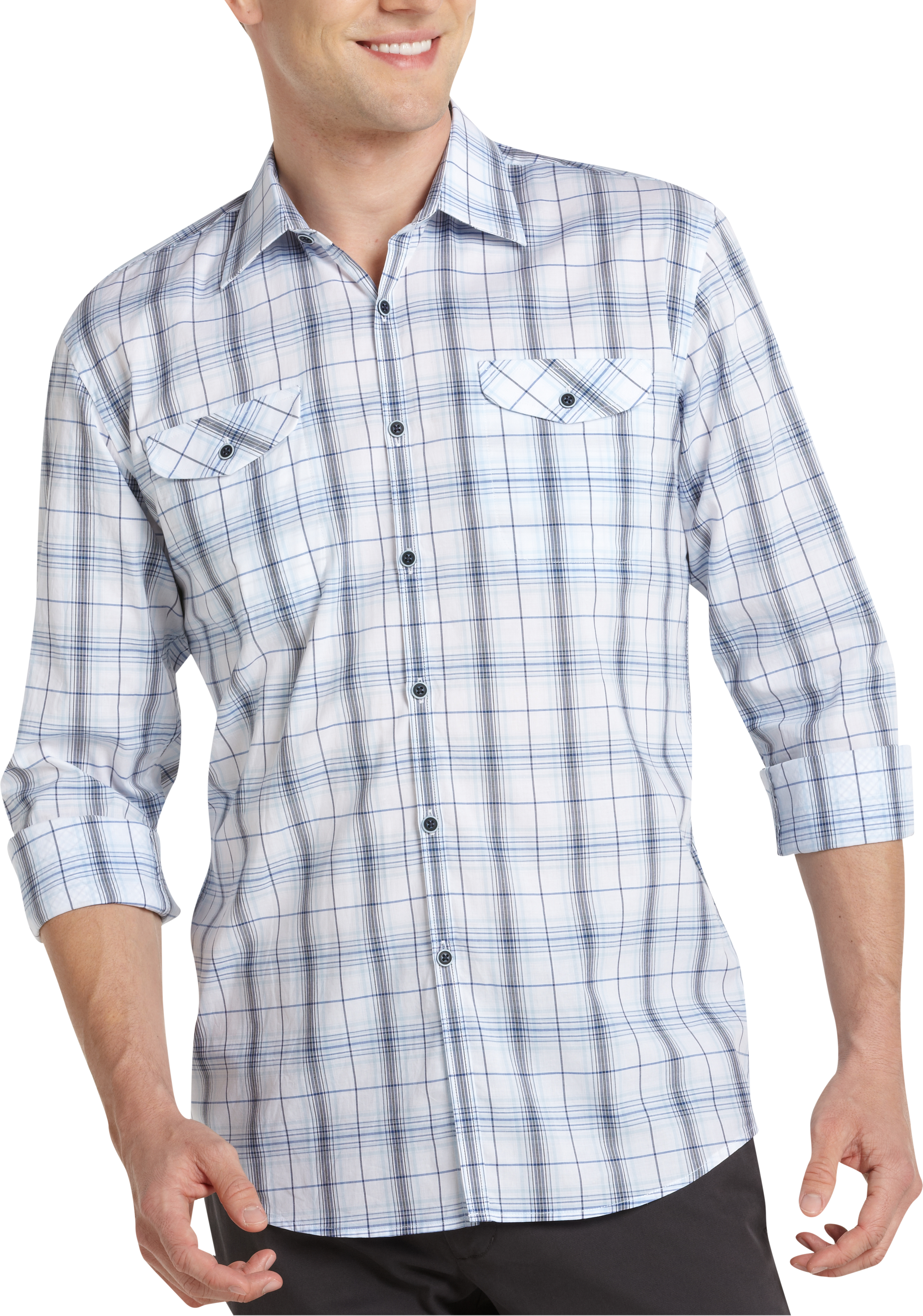 Pronto Blue Sport Shirt, White and Blue Plaid
