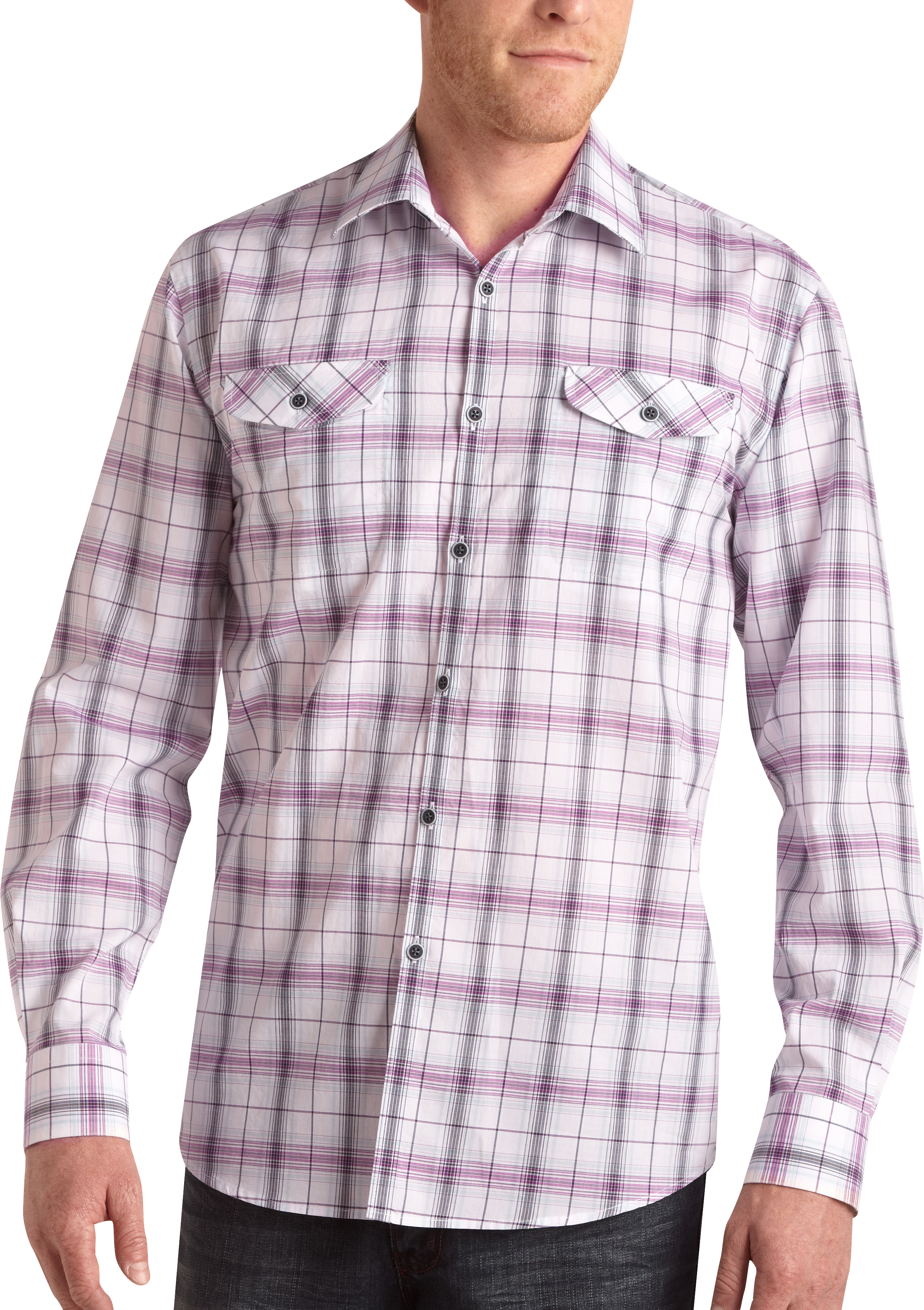 Pronto Blue Sport Shirt, White and Fuchsia Plaid