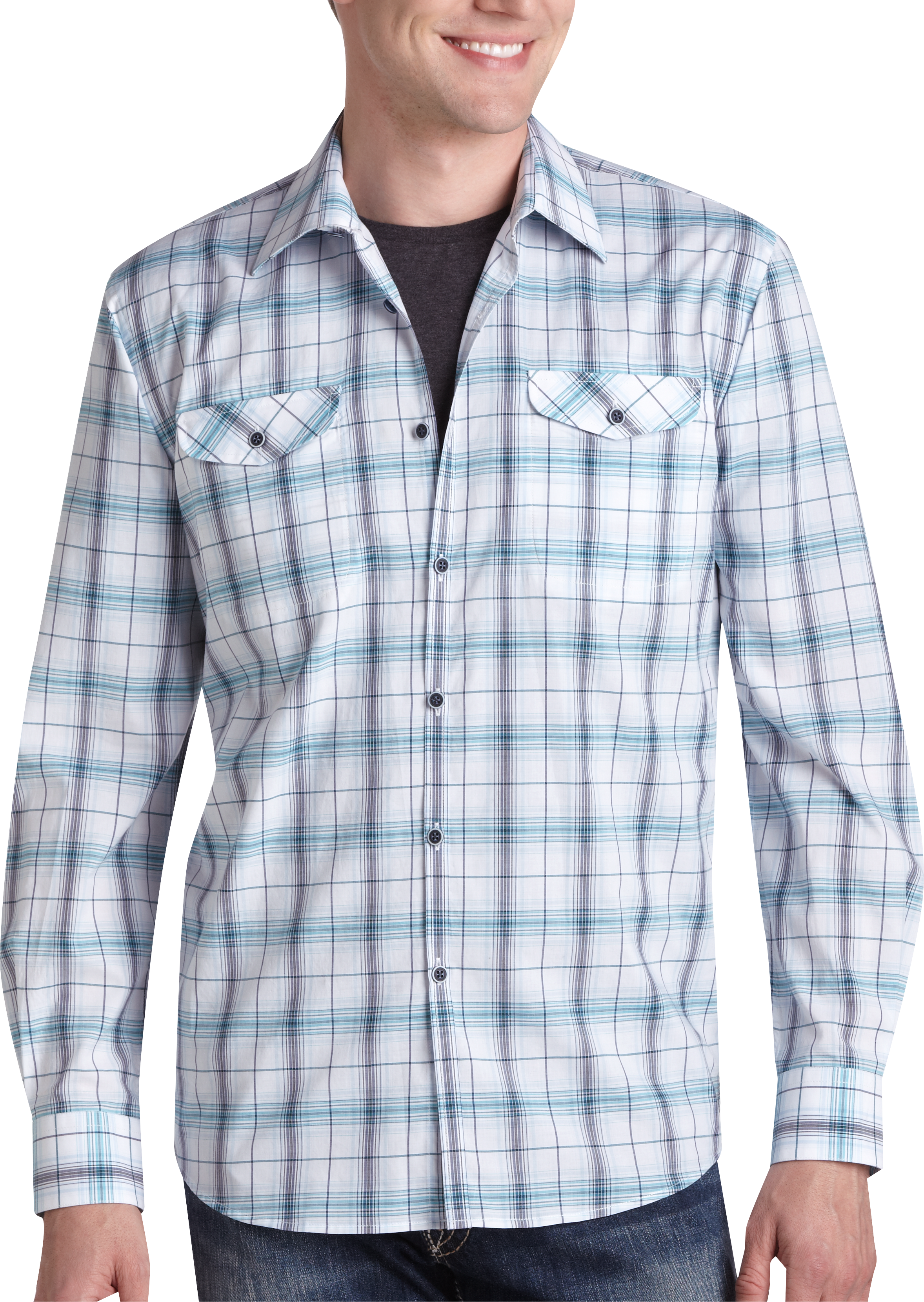 Pronto Blue Sport Shirt, White and Teal Plaid