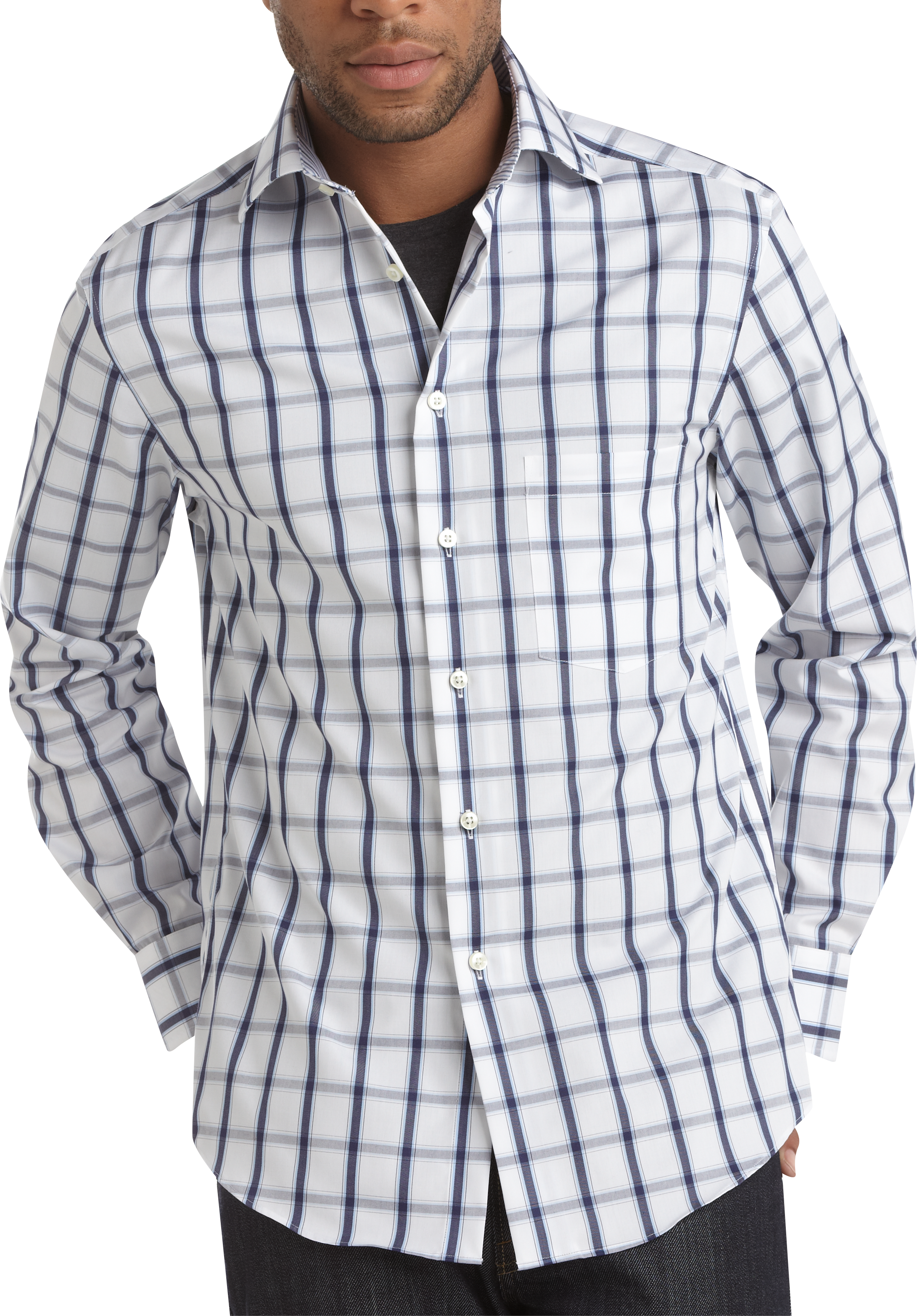 Egara Navy and White Plaid Slim Fit Sport Shirt