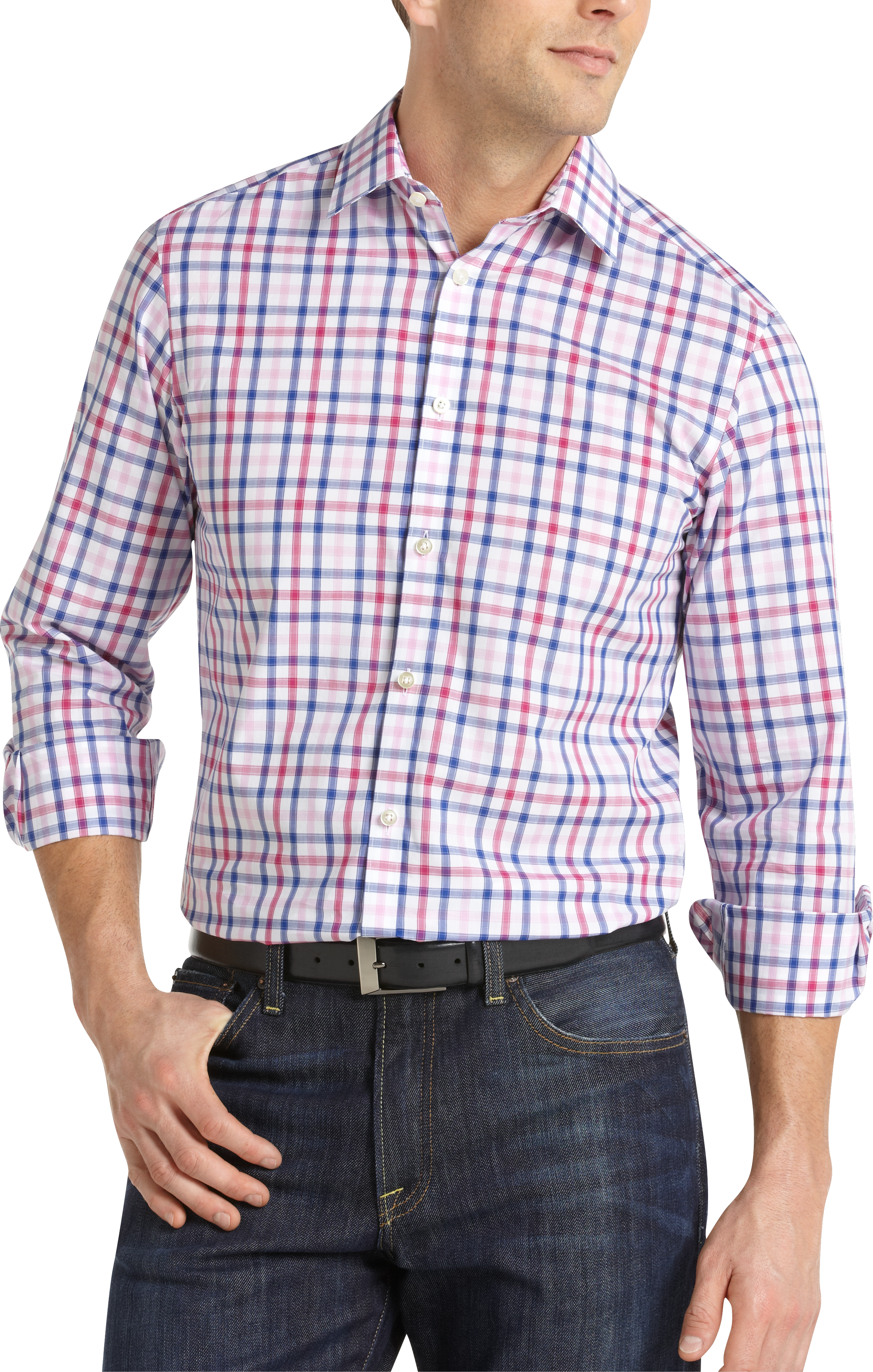 Egara Pink and Blue Gingham Slim Fit Sport Shirt