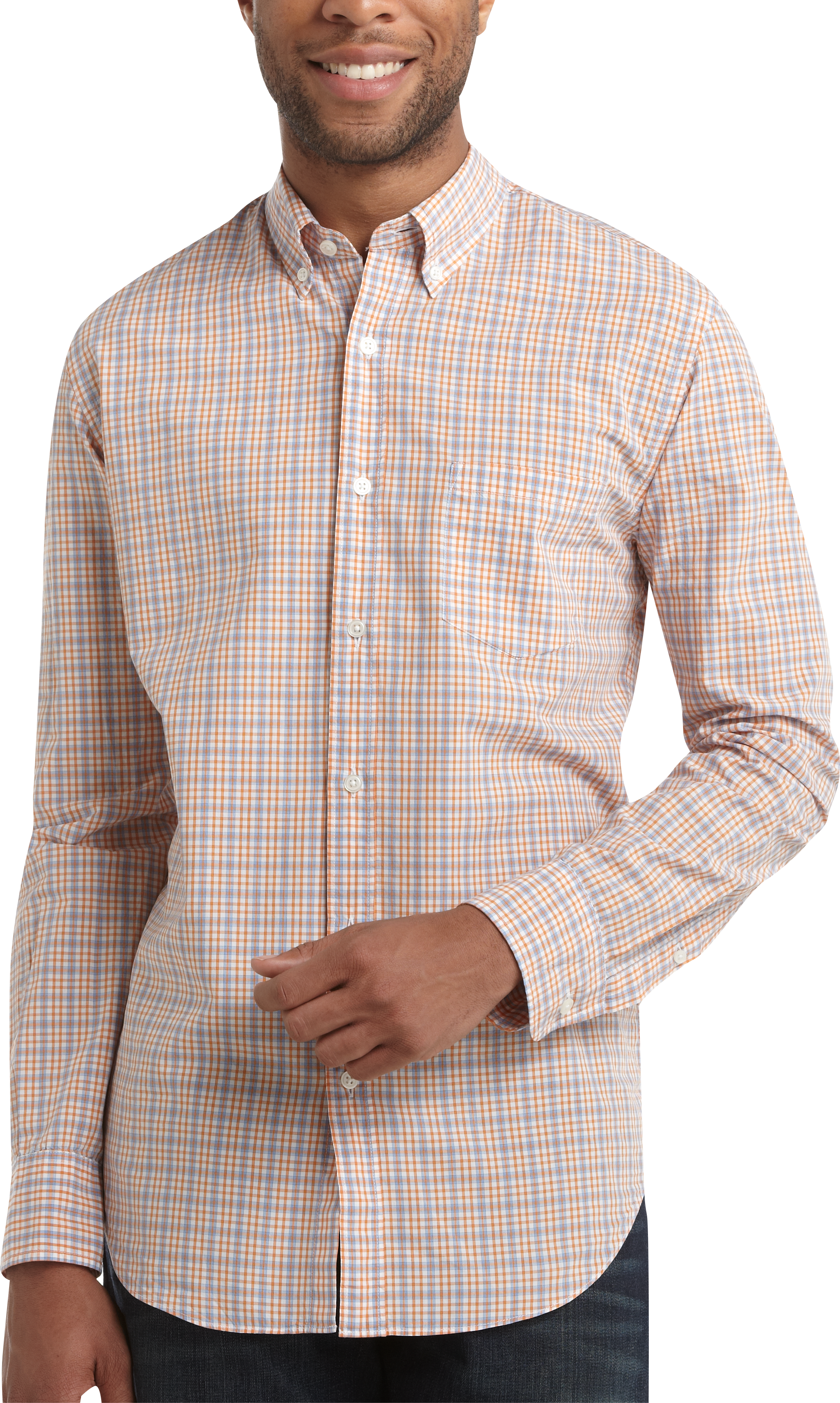 Pronto Blue Slim Fit Sport Shirt, Orange and Blue Plaid