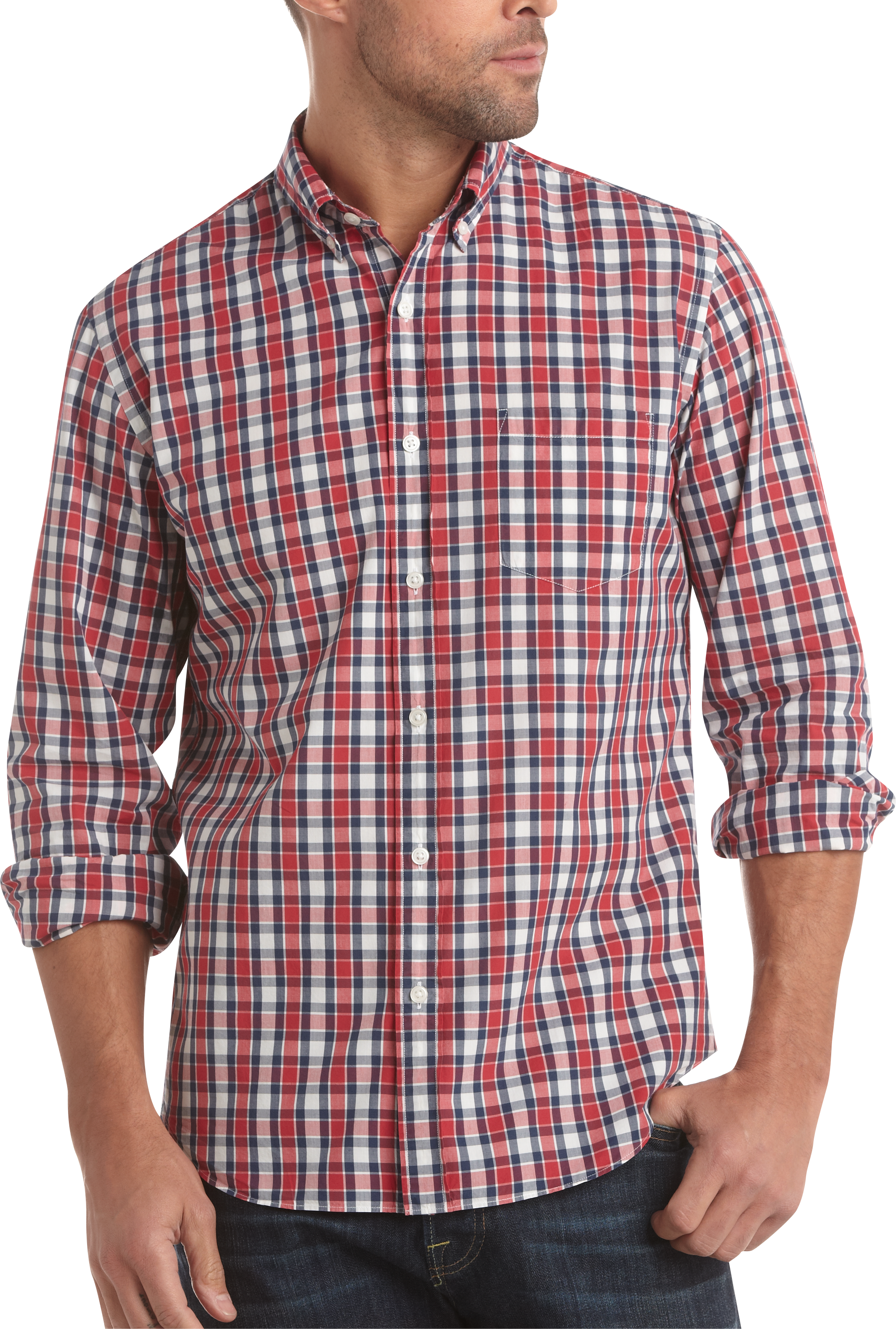 Pronto Blue Slim Fit Sport Shirt, Navy and Red Plaid