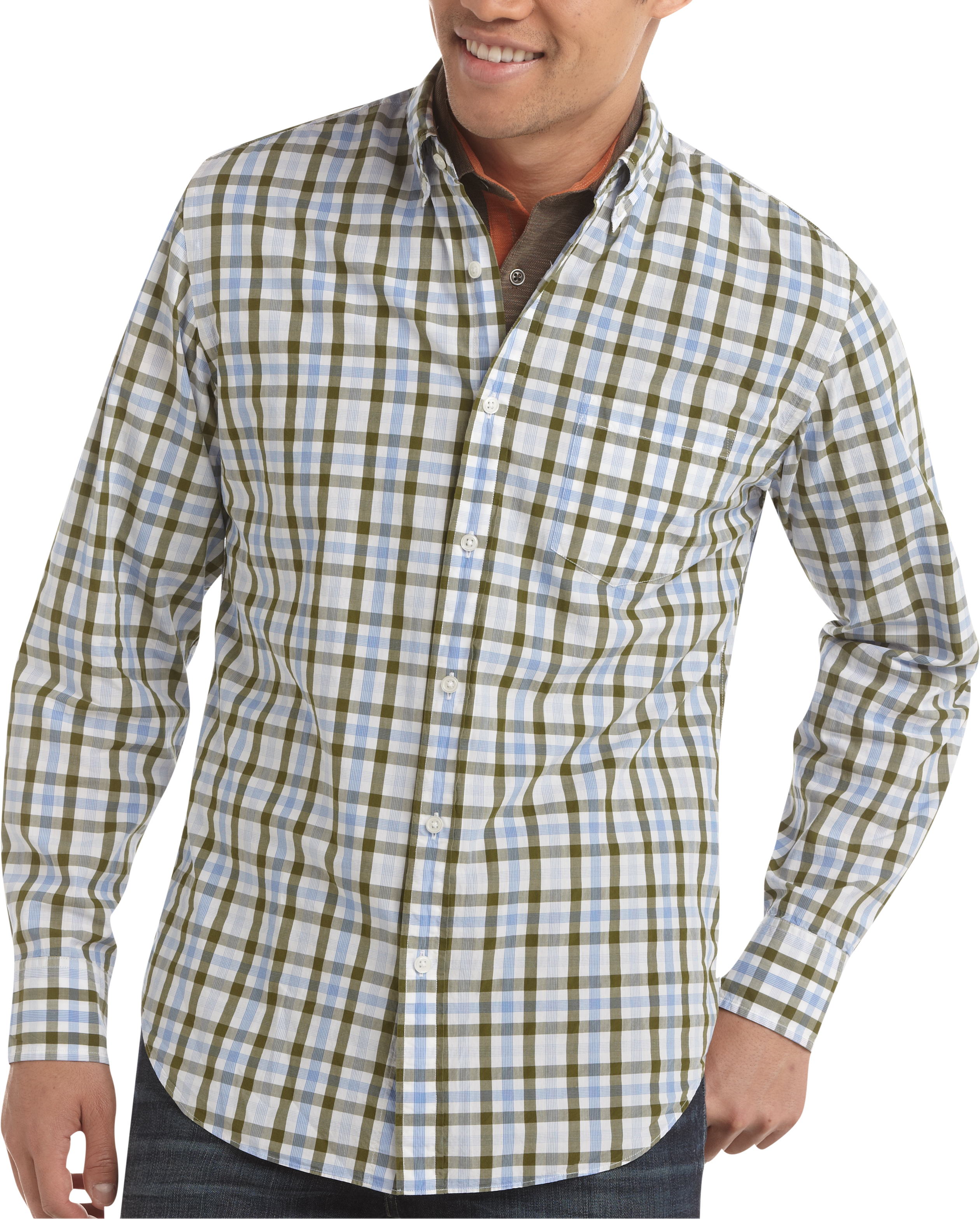 Pronto Blue Slim Fit Sport Shirt, Olive Green and Blue Plaid