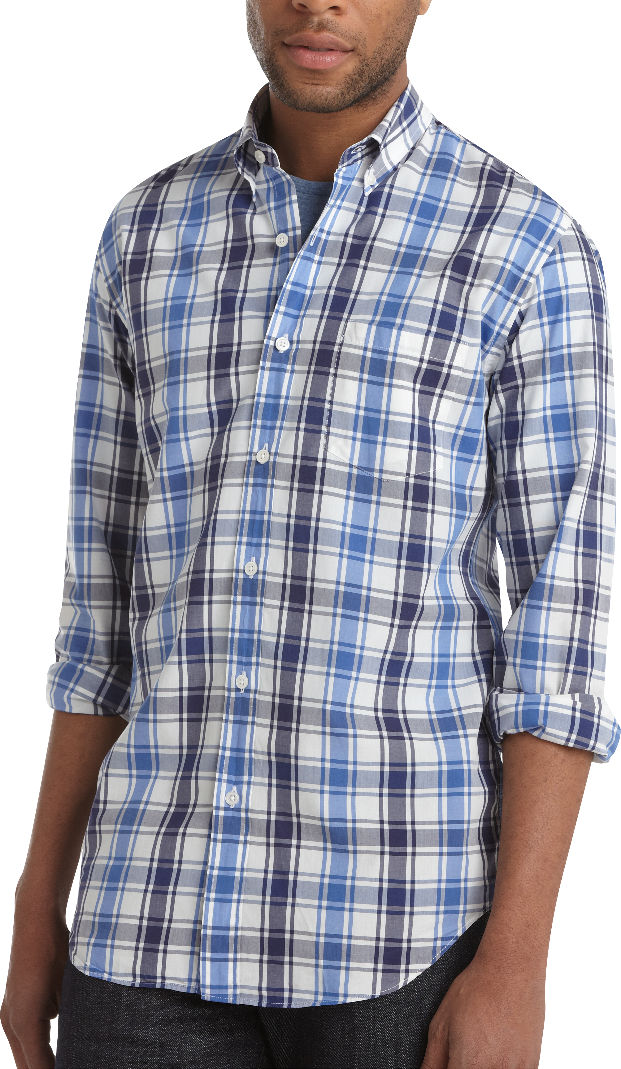 Pronto Blue Slim Fit Sport Shirt, Navy and Blue Plaid
