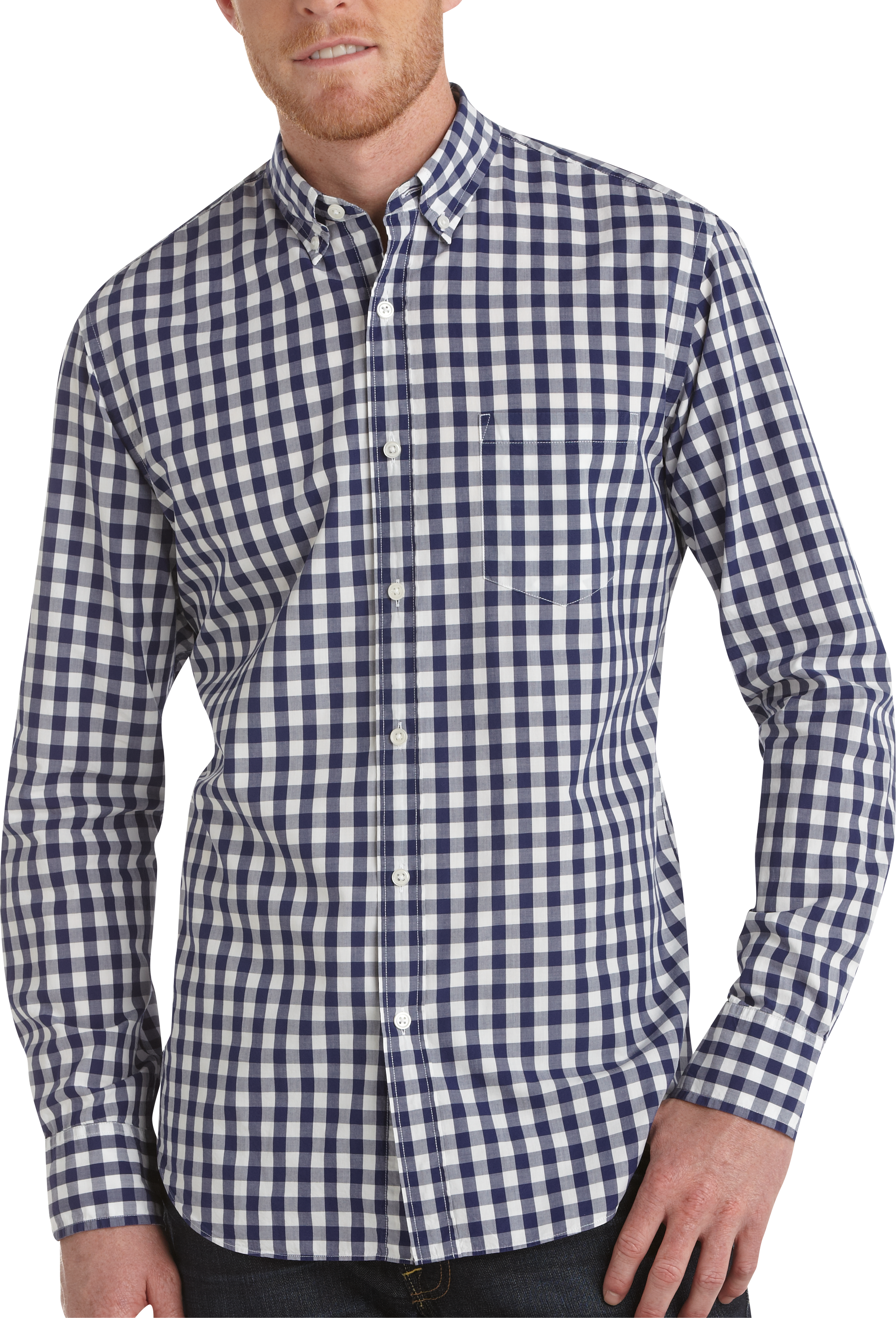 Pronto Blue Slim Fit Sport Shirt, Navy and White Gingham