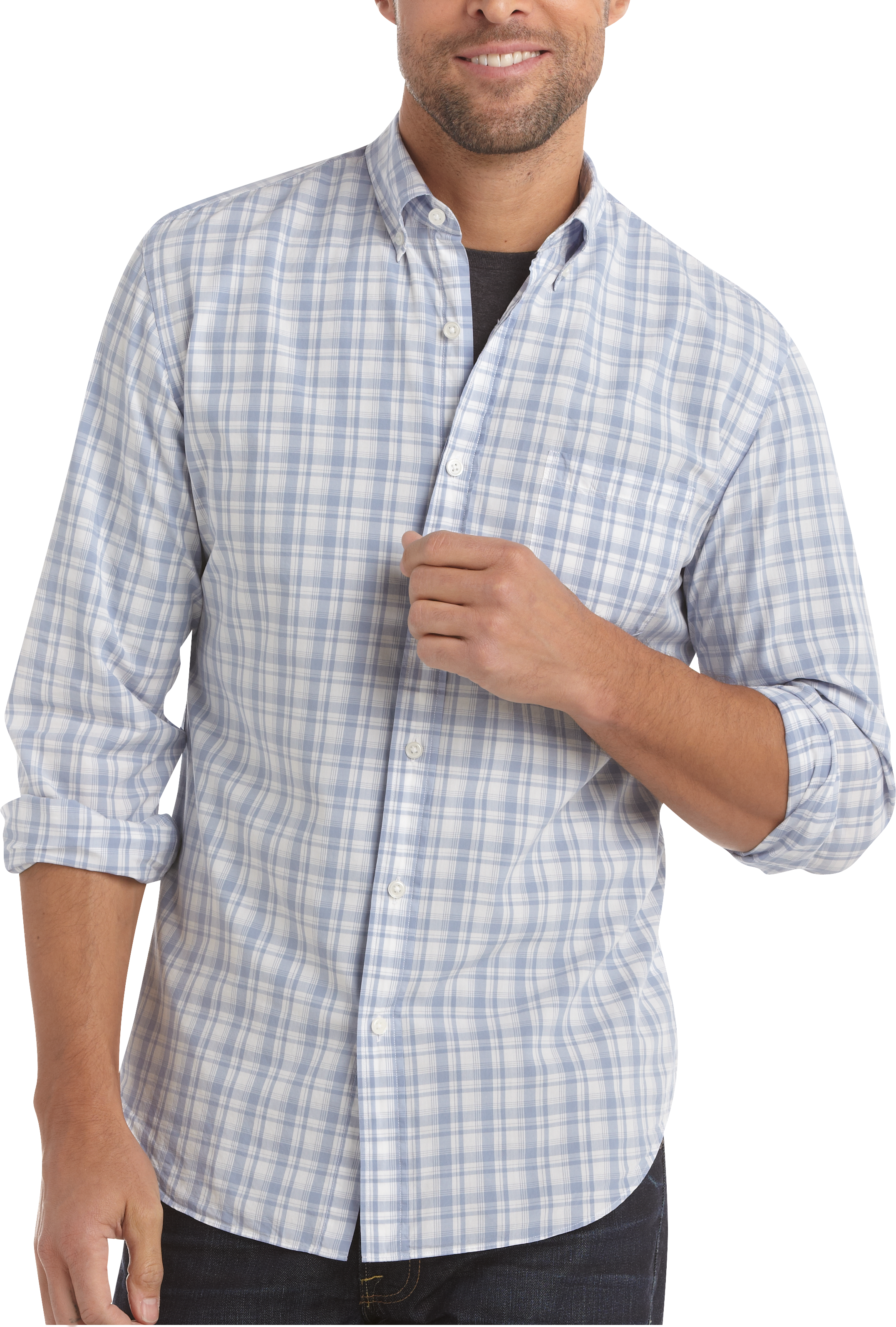 Pronto Blue Slim Fit Sport Shirt, Light Blue and White Plaid