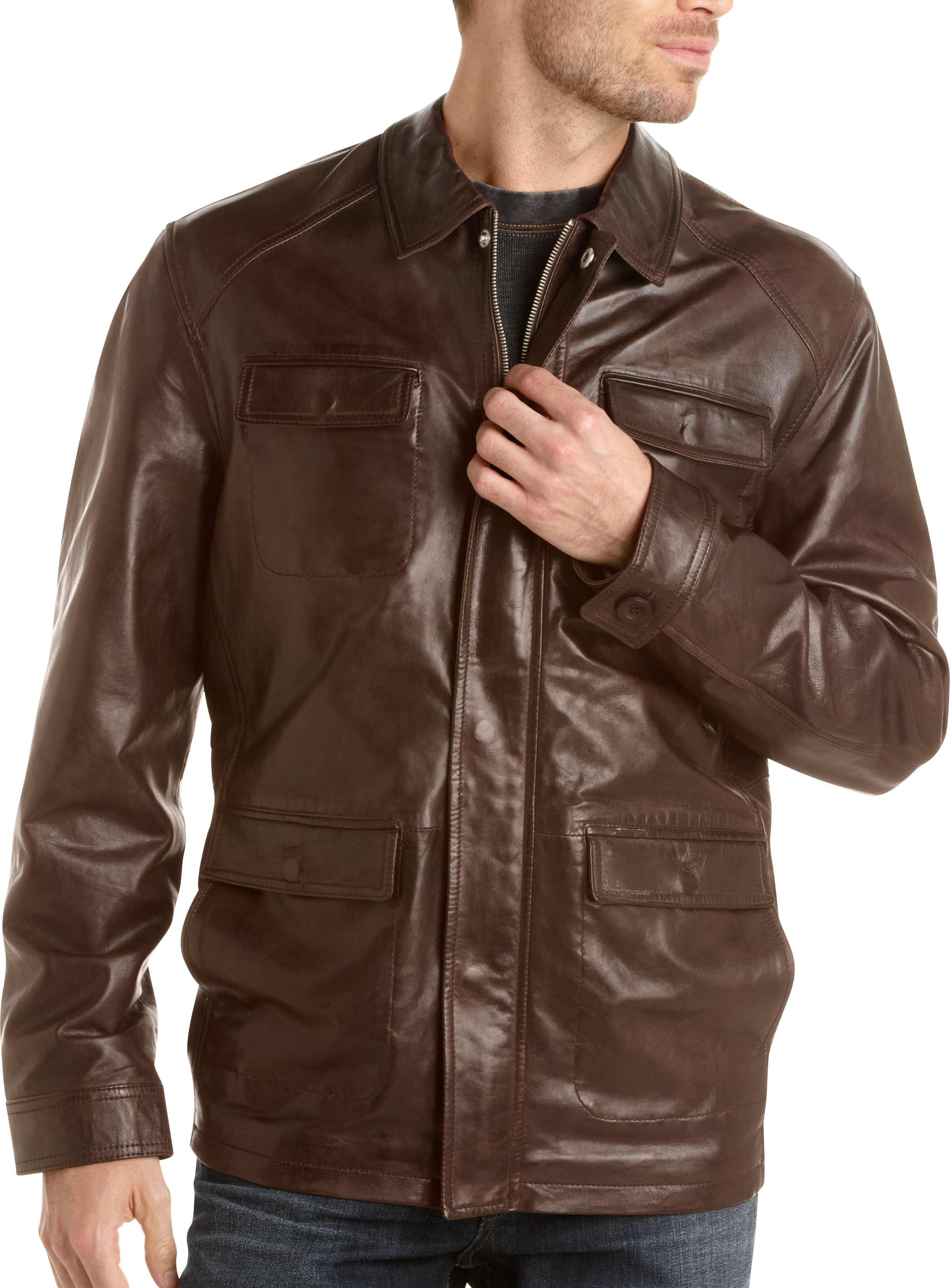 Pronto Blue Leather Field Jacket, Brown