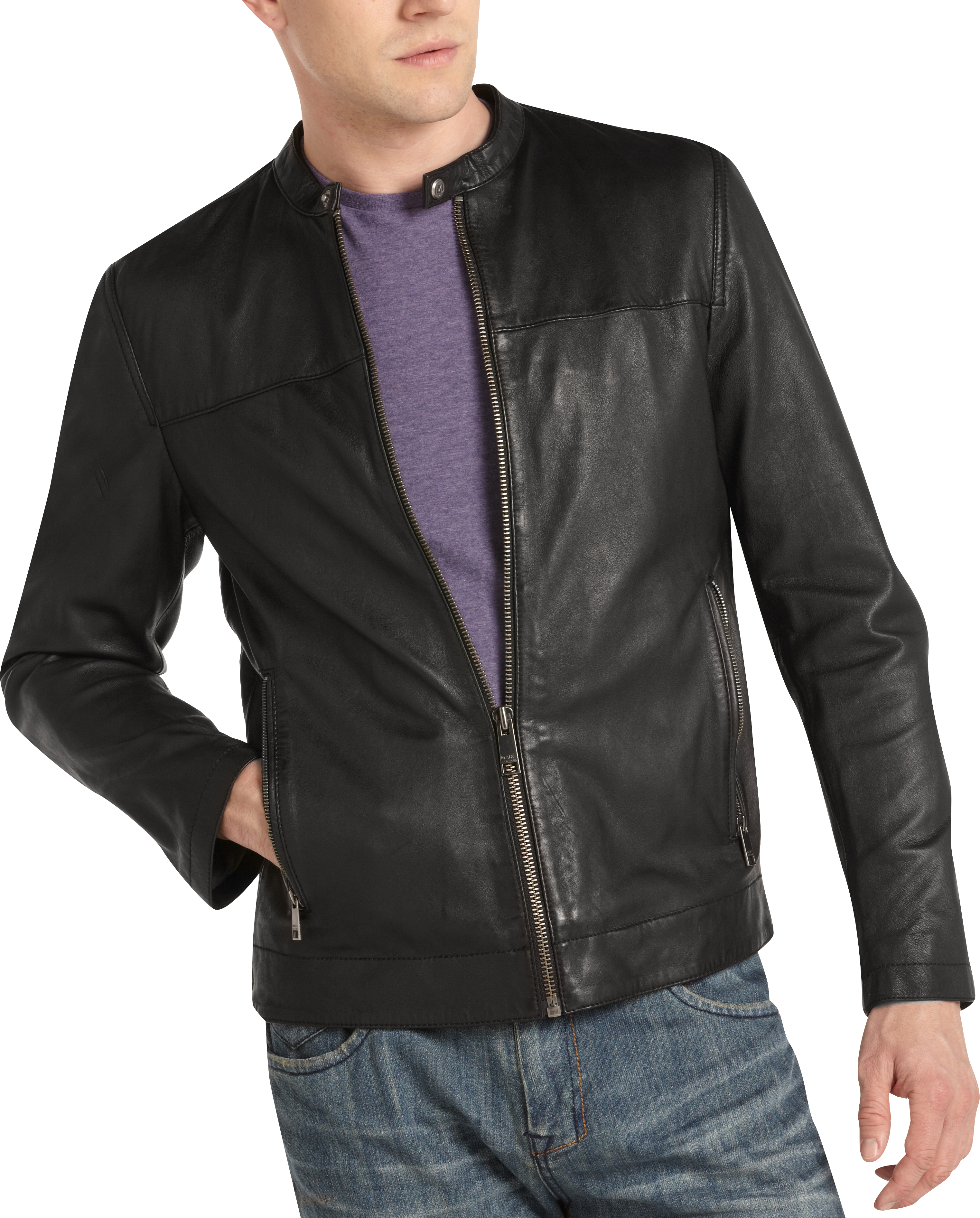 Marc New York Black Leather Banded Collar Jacket