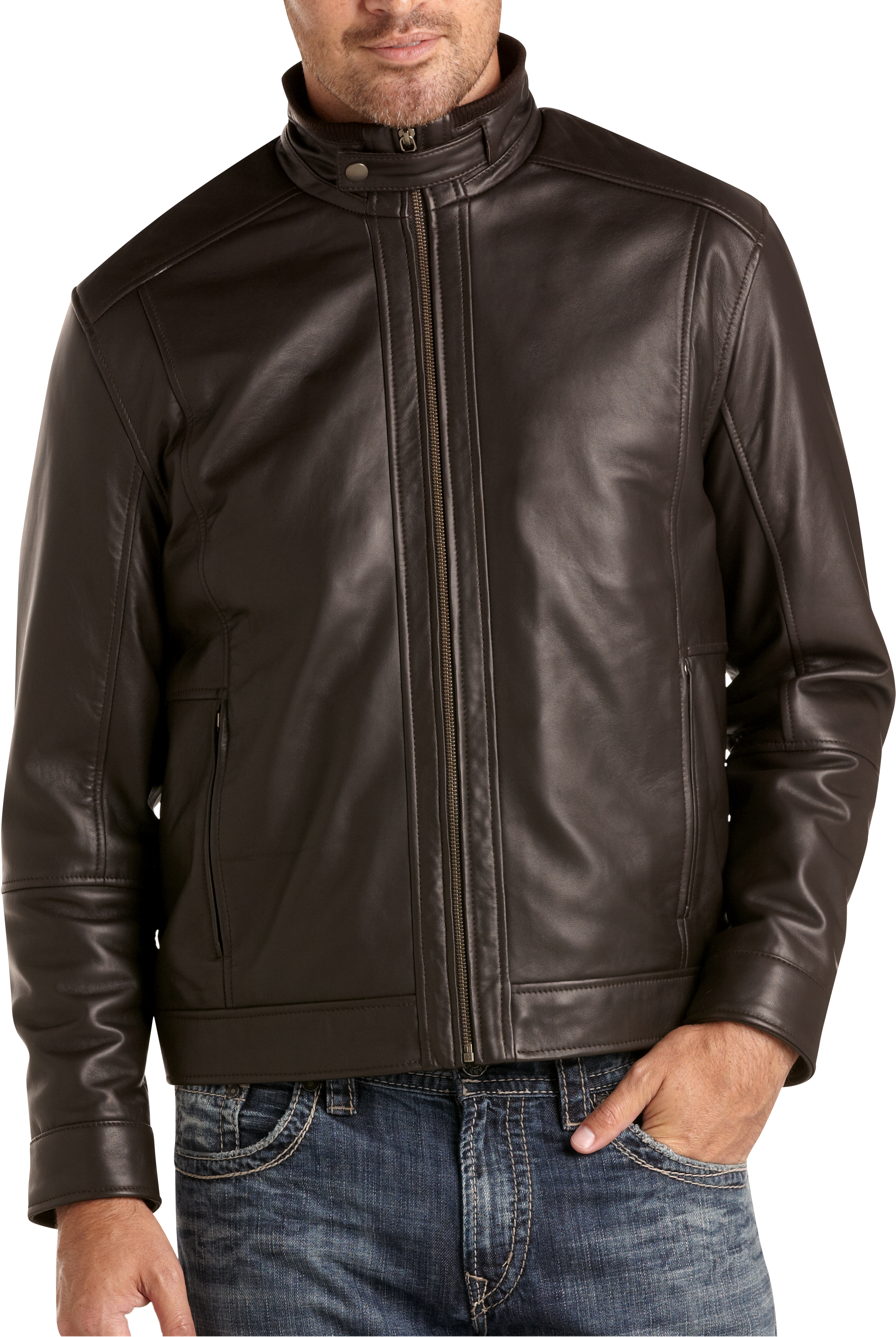 Pronto Blue Leather Bomber Jacket, Brown