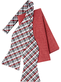 Tommy Hilfiger Gray & Red Plaid Bow Tie & Pocket Square Set