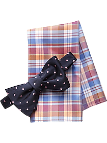 Tommy Hilfiger Navy and Pink Dot Bow Tie and Plaid Pocket Square Set