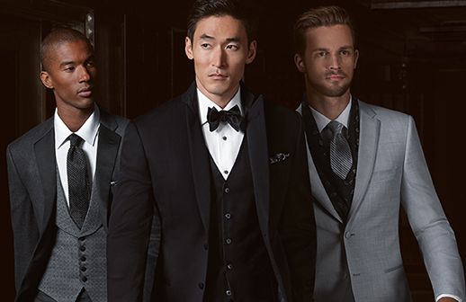 The Joseph Abboud tuxedo is available in navy, gray and black
