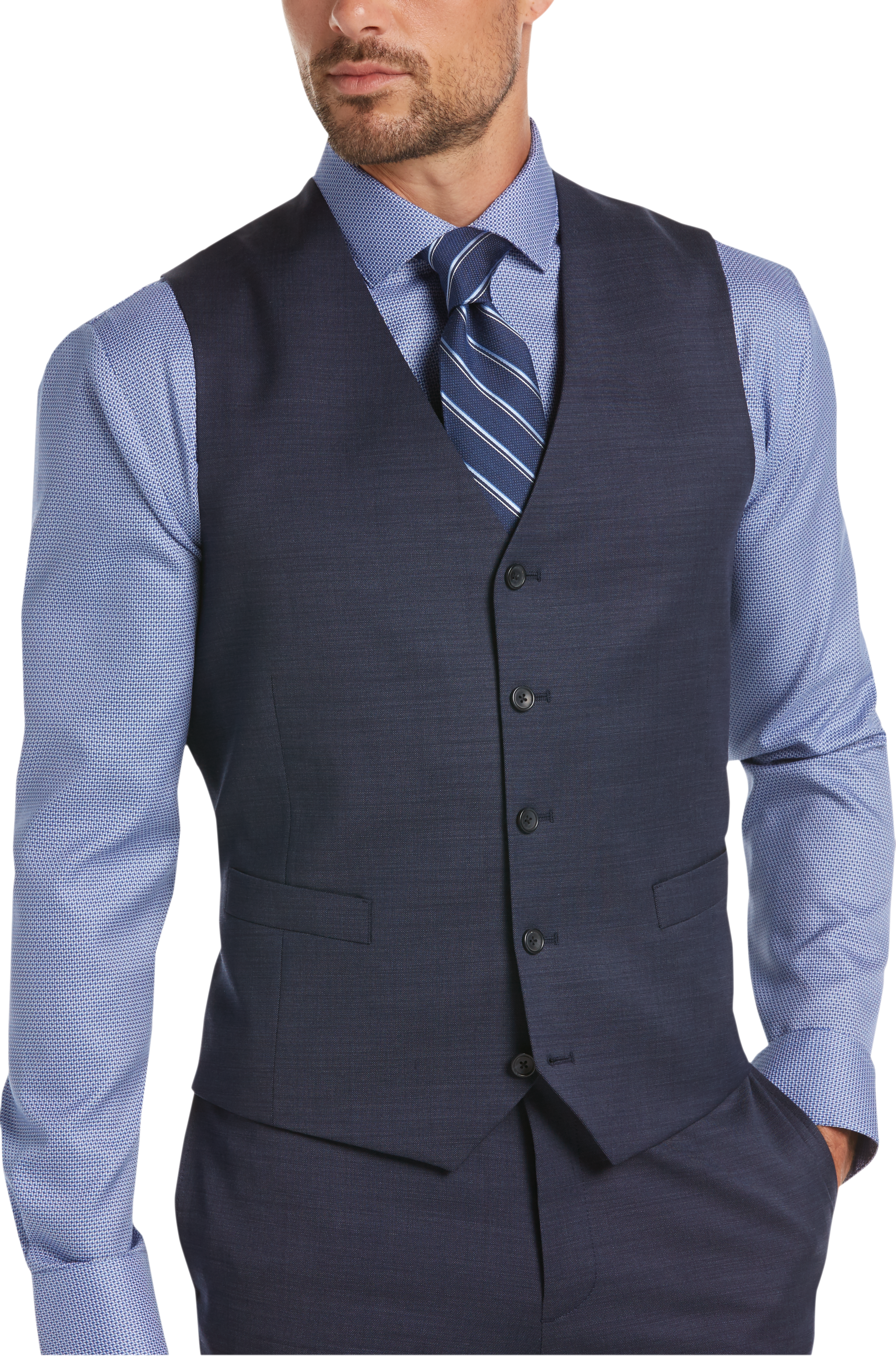 blue shirt with vest