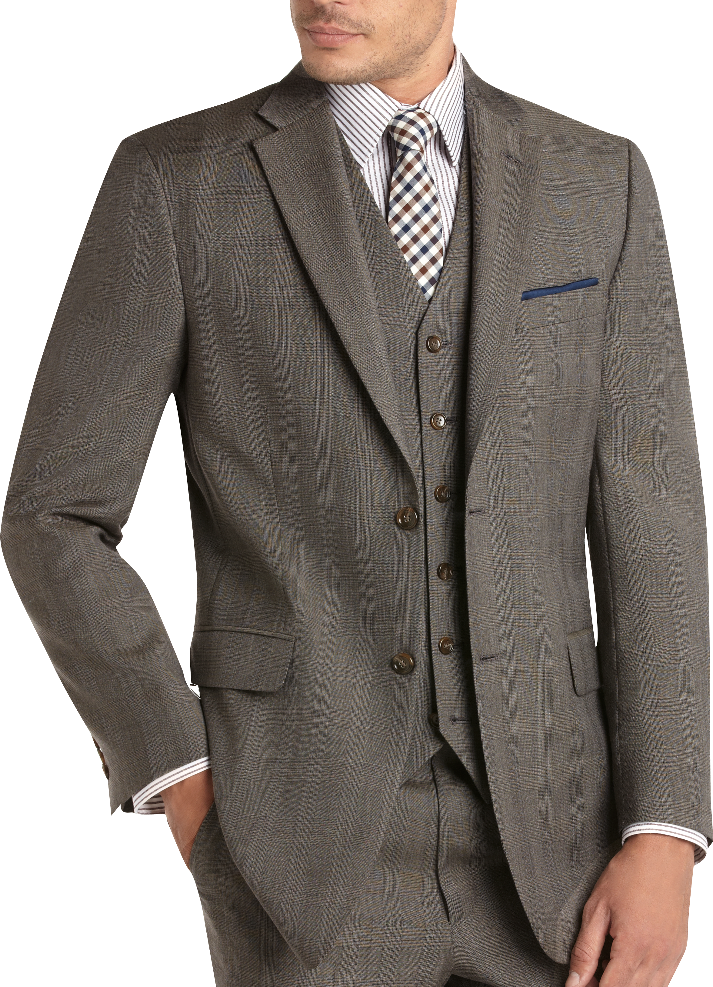 Jones New York Taupe Plaid Vested Modern Fit Suit - Men's Suits | Men's ...