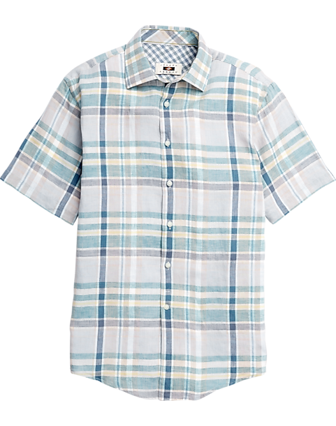 Joseph Abboud Green & Blue Plaid Short Sleeve Linen Sport Shirt - Men's ...