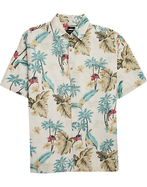 Pronto Uomo Tan Palm Tree & American Flag Print Short Sleeve Sport Shirt Pronto Uomo Tan Palm Tree & American Flag Print Short Sleeve Sport Shirt