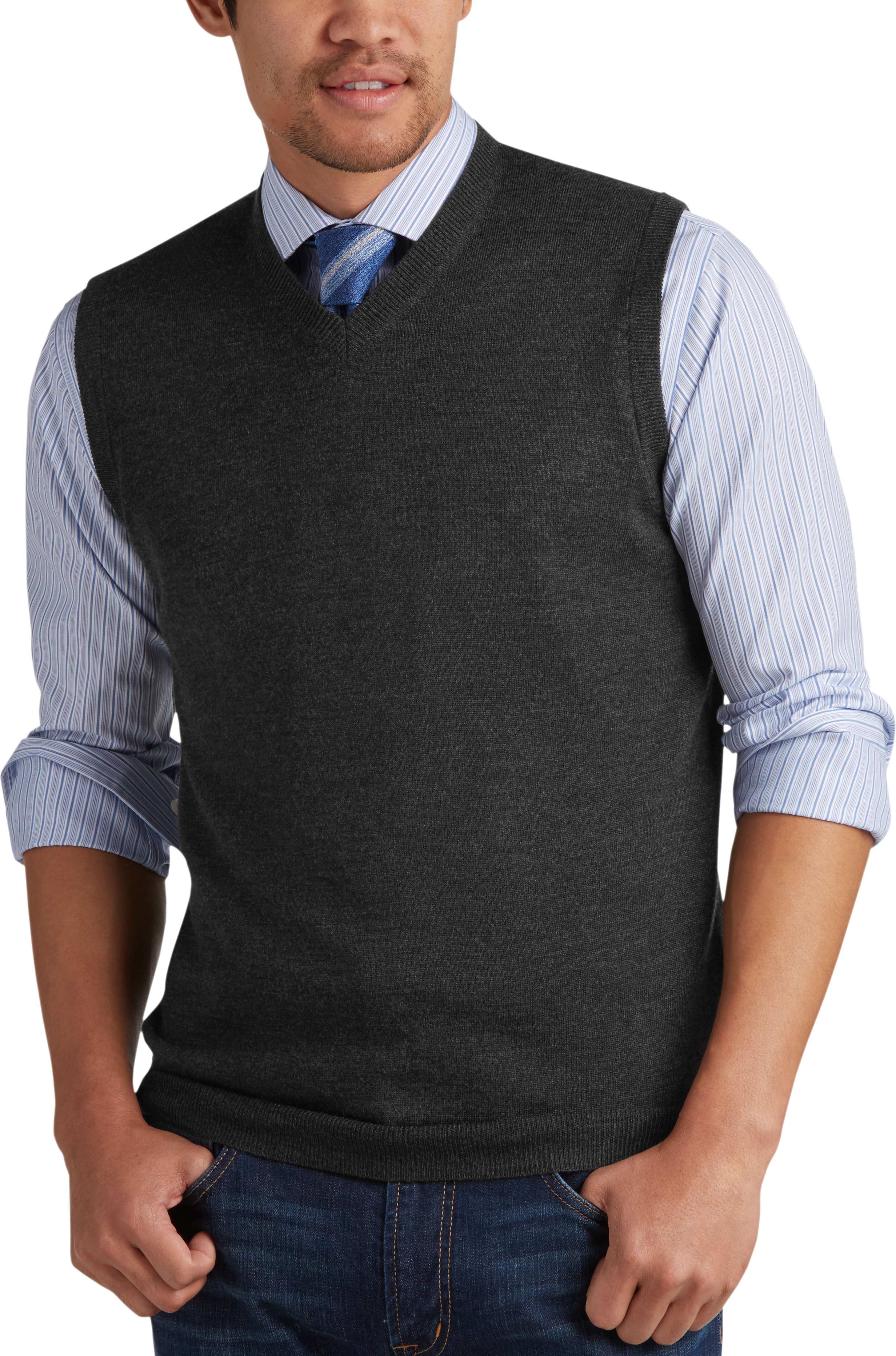 Joseph Abboud Charcoal V-Neck Merino Wool Sweater Vest - Men's Sweaters ...