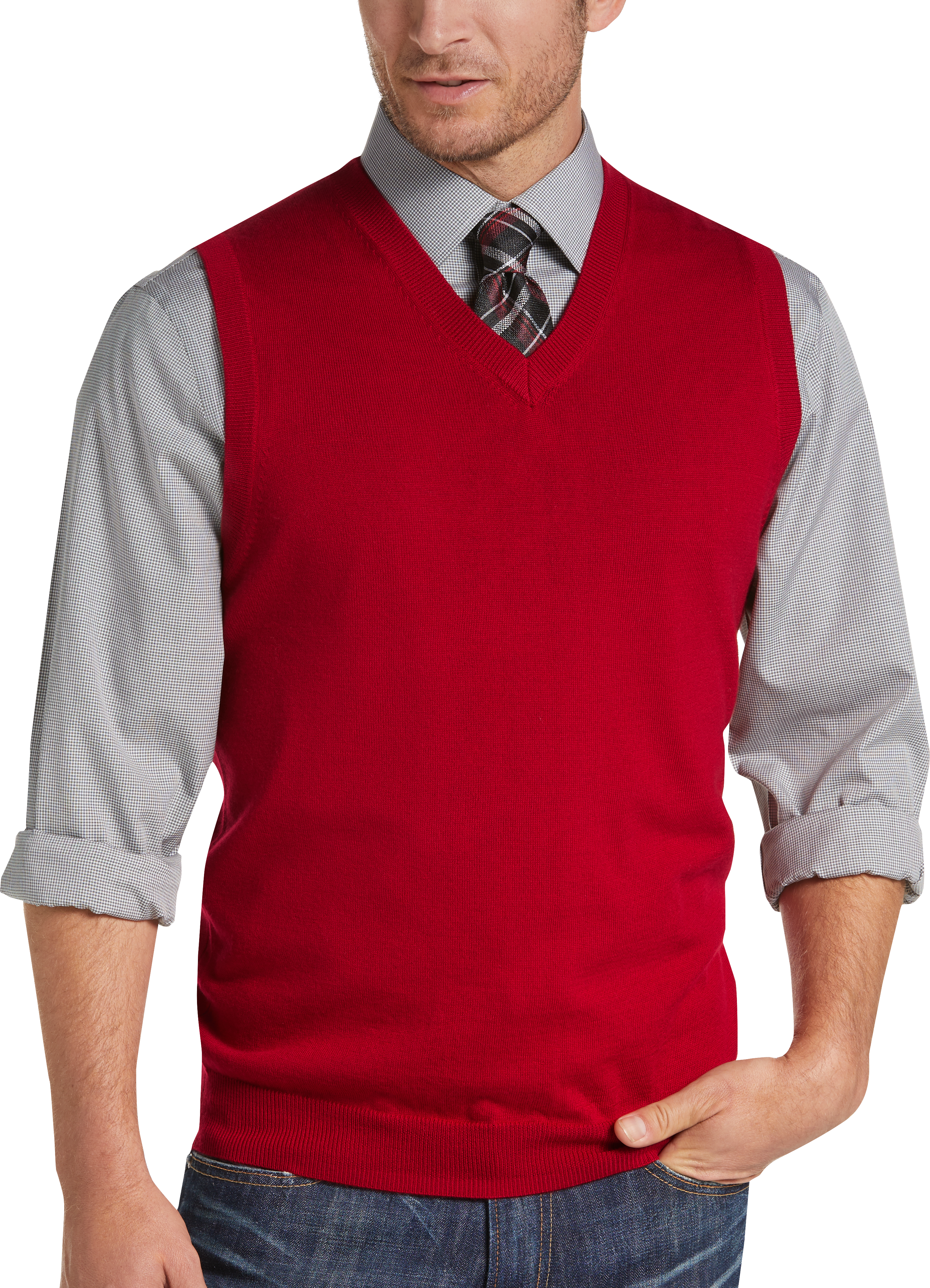 red jean vest