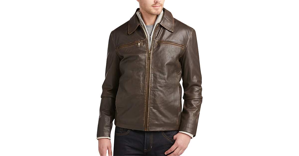 Marc New York Brown Leather Modern Fit Bomber Jacket - Men's Casual ...
