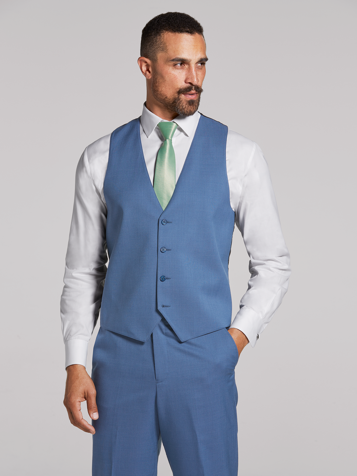 Grey tux with light blue clearance vest